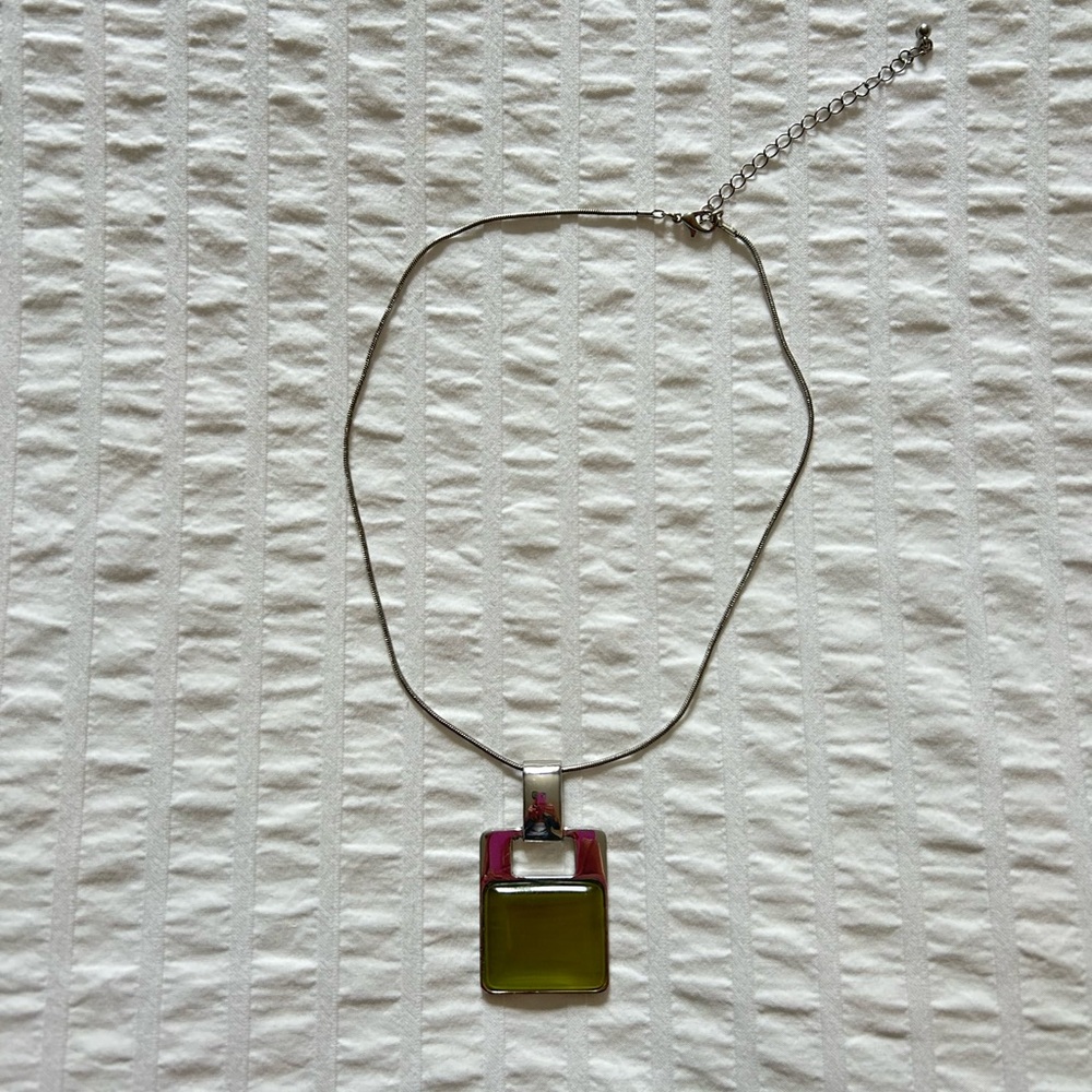 Silver Necklace with Green Square Pendant | OS